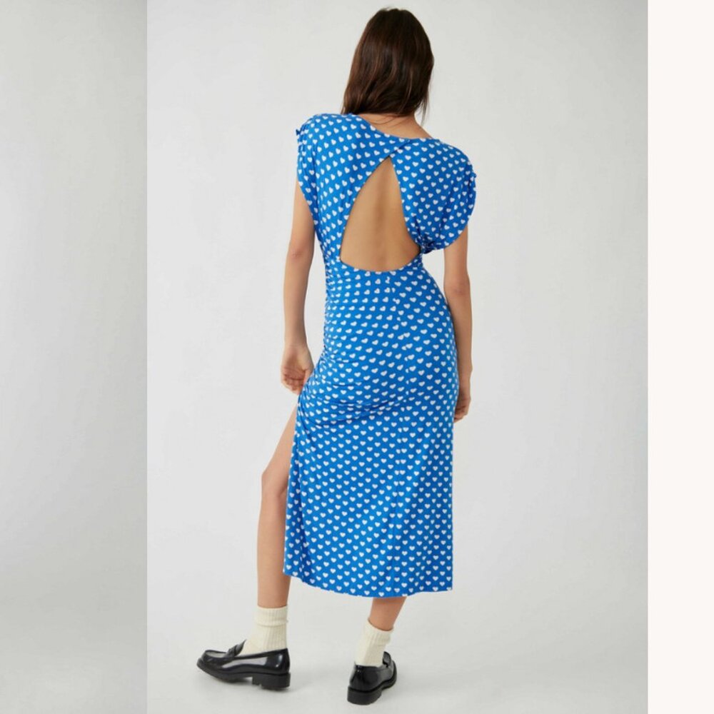 Free people Lakeside PolkaDot Heart Side Slit Cutout Back Maxi Dress Size M Blue - Picture 3 of 14